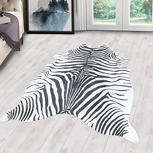 Tigerfell Teppich Kunstfell Waschbar, Fellimitat weißes Tigerfell Digitaldruck, Sonderform, Schwarz...