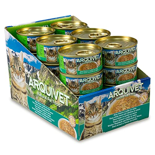 ARQUIVET - Latas súper Premium de atún Blanco con Pollo en Salsa para Gatos - Comida Gourmet elaborada con Ingredientes 100% Naturales - Pack 24 Unidades - 80 gr por Unidad - Comida húmeda para Gatos