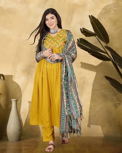 Image of SheWill Women's Mustard American Crepe Zari Sequence Embroidered Alia Cut Kurta with Pant and Dupatta