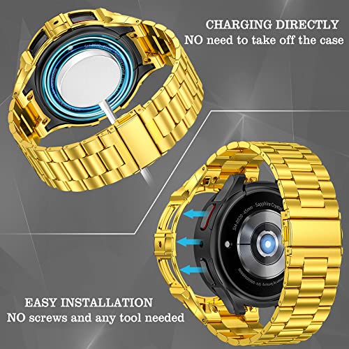 SUPLINK Stainless Steel Case Band Compatible with Samsung Watch 5 Band/Samsung Watch 4 Bands 44mm,Rugged Metal Protective Cover Strap for Men,Gold