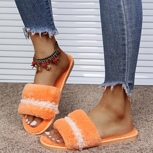 Fuzzy House Slipper for Women Pearl Embellished Lightweight Flat Slide Open Toe Casual Sandal Anti-slip Warm Shoe2