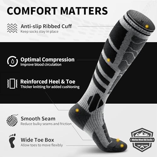 CAMBIVO Skisocken Damen Herren aus Merinowolle 2 Paar, Dicke Thermosocken, Warme Wintersocken, Gepolsterte Kniestrümpfe,Atmungsaktive Skistrümpfe für Skifahren, Wintersport – Bild 6