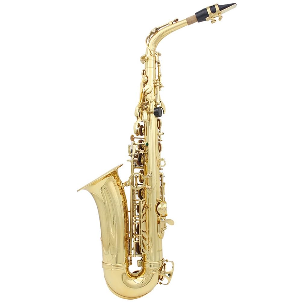Saksofon altowy E Tune Mosiężny saksofon Pełny zestaw dla studentów i początkujących, Natural White Shell Button Instrument dęty z zestawem do czyszczenia i pielęgnacji obudowy (Color : Golden)