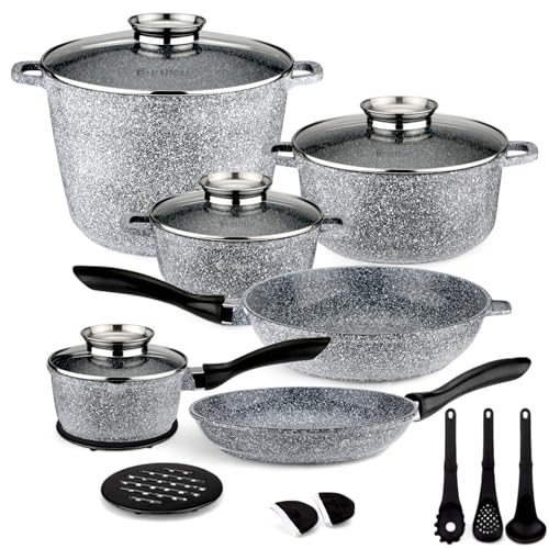EliteHoff Juego de ollas de inducción, 17 piezas, juego de ollas y sartenes con tapa, olla de aluminio, utensilios de cocina antiadherentes para todo tipo de cocinas, apto para lavavajillas y libre de