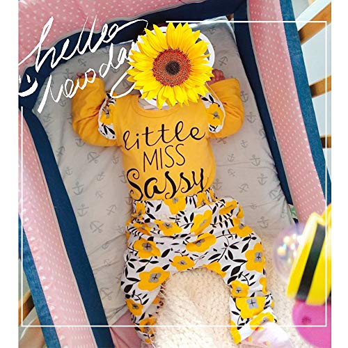 FUTERLY Infant Baby Girl Little Miss Sassy Pants Outfit Long Sleeve Ruffle Romper + Floral Pants + Headband 3Pcs Clothes Set