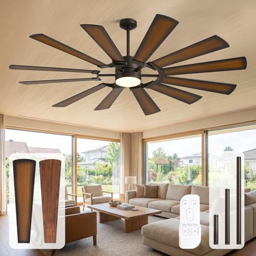 62 Inch Farmhouse Ceiling Fan with Light and Remote 12 Walnut/Walnut Shadowed Reversible Blades High 8095 CFM Quiet DC Motor Damp-rated Indoor Outdoor Ceiling Fans for Patios Bedroom Living Room