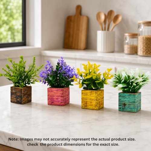 Image of fancymart Artificial Decorative Eucalyptus Plants with Colourful Small Wooden Pots, 14 cm Height for Indoor Home, Office, Table and Shelf Decoration, Pack of 4