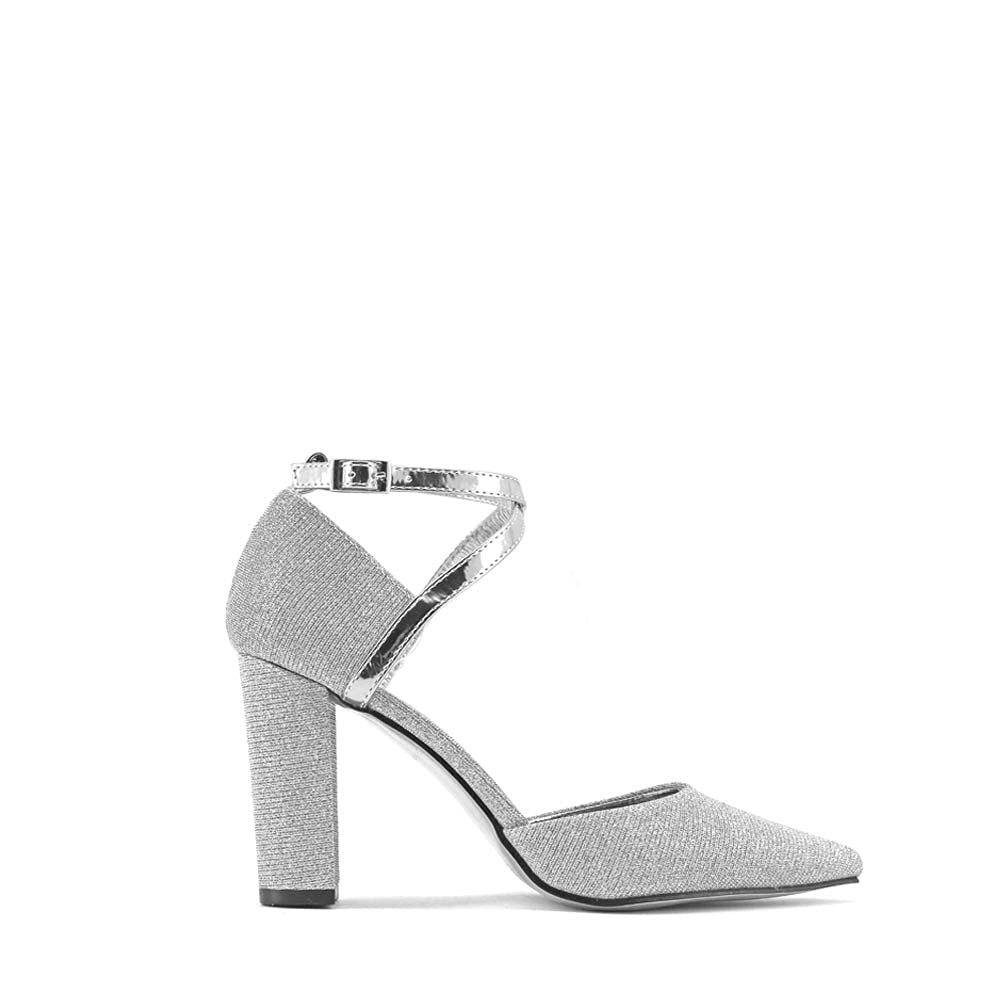 MODELISA Zapatos De Tacón Ancho Salón Brillo Punta Hebilla Tobillo Mujer (Plata, Numeric_37)