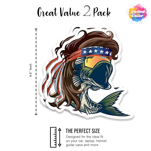 Image of Mullet Bass Sticker with US Flag Bandana (2 Pack), Strong Adhesive Waterproof Funny Fishing Stickers and Decals - No Fade, Used for Laptop, Window, Bumper, RV, Boat, Truck & Car