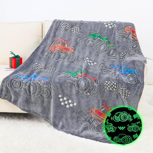 OHOIT Truck Gifts for Kids Boys - Glow in The Dark Blanket for Sofa Couch Bed Birthday Christmas Easter