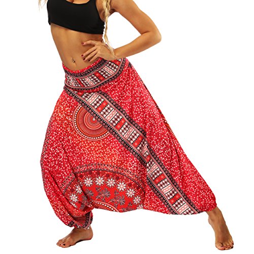 Nuofengkudu Femme Sarouel Pantalons Bouffants Ethnique Hippie Larges Léger Taille Haute Vacances Été Plage,Taille unique,Rouge Fleur
