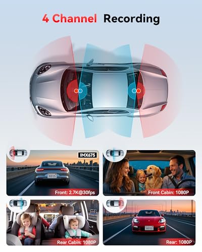 REDTIGER Dashcam-4-Kanal 2,7K +3x1080P,STARVIS 2,360°-Aufzeichnung Vorne/Hinten/Innen,Touchscreen,128 GB Speicherkarte,Sprachsteuerung,5.8GHz WiFi, GPS,Infrarot-Nachtsicht,Parküberwachung 2