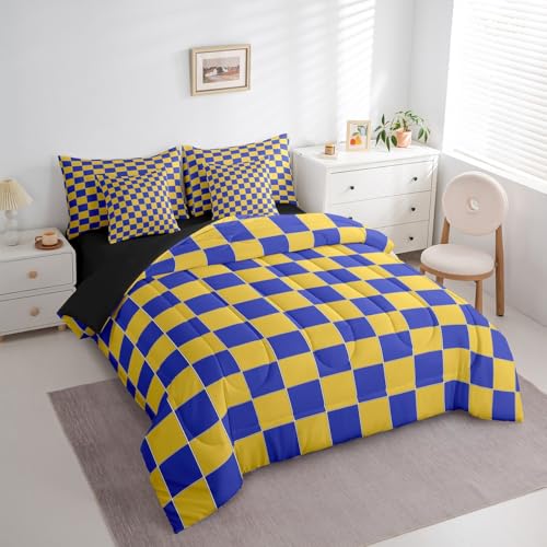 Image of Erosebridal Geometric Plaid Full Bed in A Bag 7 Pcs Yellow Blue Brown Checkerboard Bedding Set for Kids Boys Teen Adults,Checkered Grid Comforter Set with Sheets Modern Aesthetic Bed Set