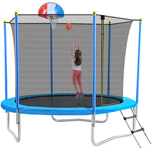Merax 8FT Trampoline for Kids, Outdoor Trampoline with Safety Enclosure, Basketball Hoop and Ladder, Fast Assembly for Backyard Blue