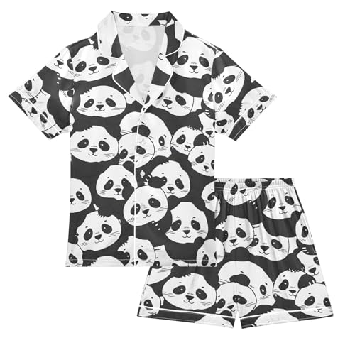 ALAZA Cute Panda Black White Pajamas Satin Pajama Set Short Sleeve Button Down Sleepwear