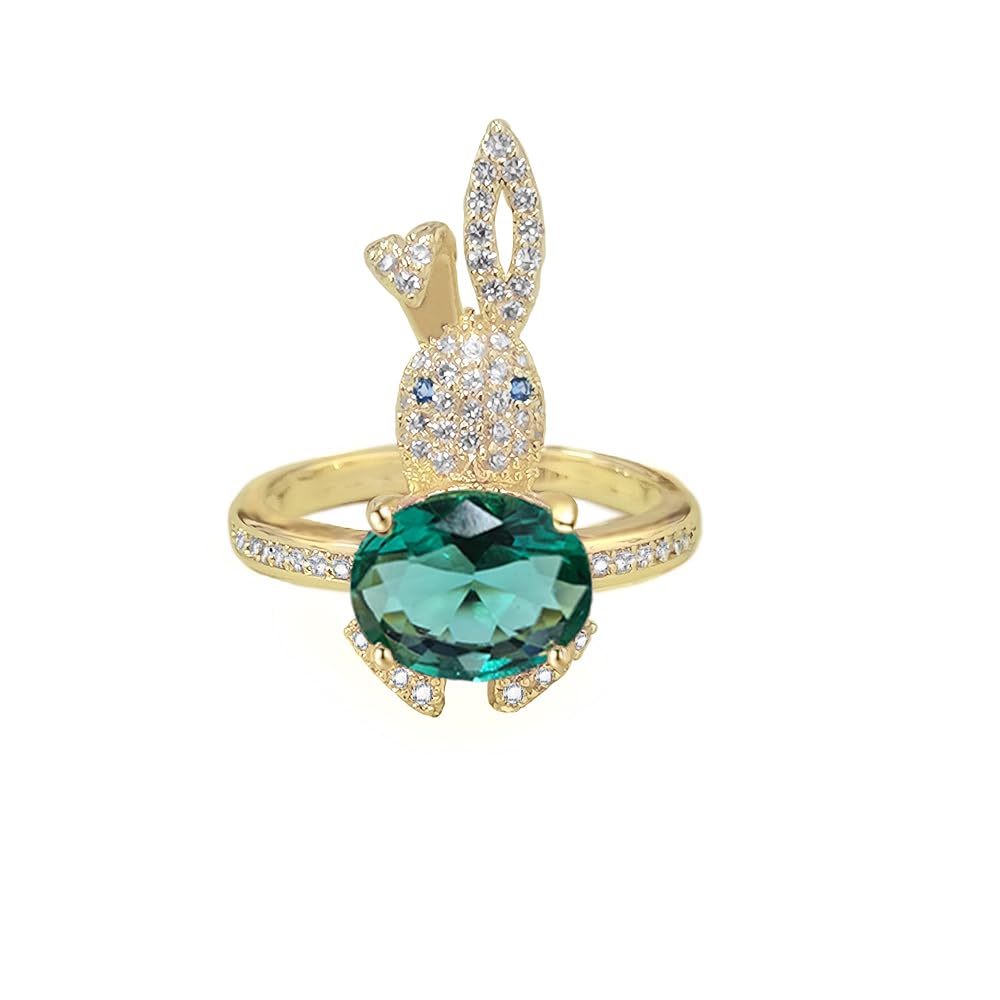 Dtja CZ Rabbit Animal Statement Ring for Women Gold Plated Adjustable Green Rhinestone Crystal Pet Open Band Finger Rings Comfort Fit Fashion Cute