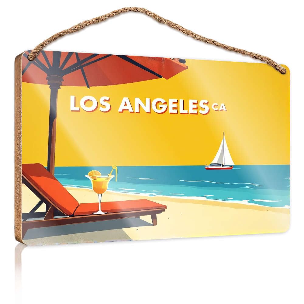 Front Door Sign Plaque Los Angeles, California Beach Scene With Lounge Chair And Umbrella. Posters For Teens Bar Signs For Home(15X28CM)