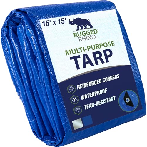 RUGGED RHINO Heavy Duty Waterproof Tarp 15x15 UV and Tear Resistant Cover with Reinforced Grommets and Corners Outdoor Multipurpose Tarps for Camping Patio Garden Car & Roof 5 Mil 1 Pack Blue