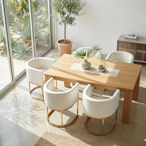 Image of HNY Mid Century Modern Upholstered Barrel Dining Chairs with Arms Set of 6, Leather Kitchen & Dining Room Chairs, 18.5 inch Wide Accent Chairs for Dining Room Living Room with Gold Metal Frame, White