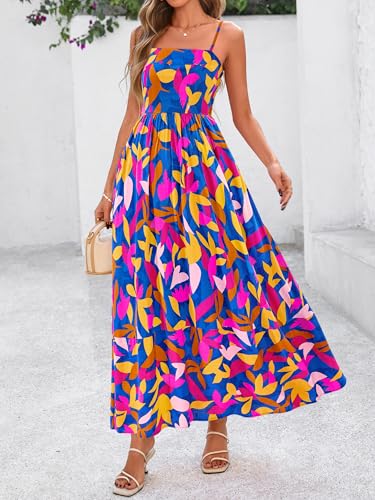 Image of PRETTYGARDEN Women Summer Maxi Dresses 2026 Spaghetti Strap Boho Floral Striped Wedding Guest Beach Vacation Flowy Long Dress