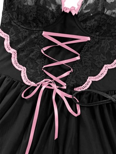 Image of Lilosy Sexy Garter Belt Mesh Lace Babydoll Lingerie Dress Set with Thong