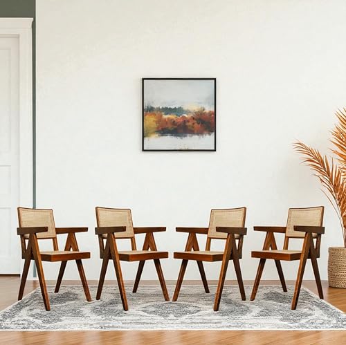 Image of Solid Wooden Rattan Arm Chair | Cane Dining Chair for Living Room, Hall and Office (Set of 4) | Natural Finish | 50D x 50W x 90H Cm