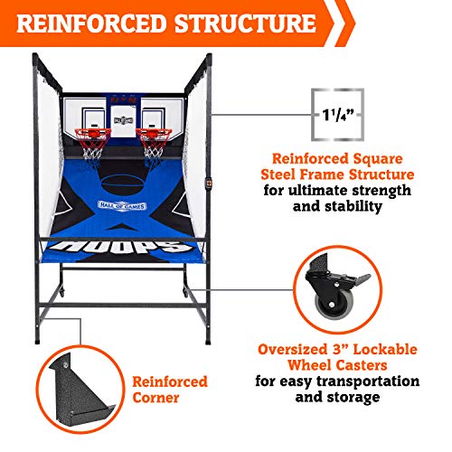 Hall of Games Premium Arcade Cage Basketball Game with Steel Frame and Polycarbonate Backboard, Dual Shot LED Scoring with 6 Size 8.5 Inch Basketballs