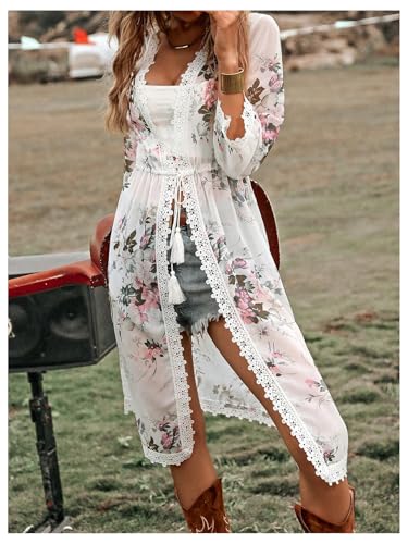 SHENHE Women's Summer Long Flowy Kimono Lace Trim Tie Front Floral Boho Beach Western Cardigan4