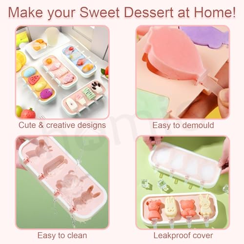 Image of 3 Fruit & 4 Cartoon Shape Cavity Non-Stick Silicone Ice Cream Mould with Lid & Plastic Sticks Reusable Frozen Candy, Kulfi Molds, BPA-Free DIY Icecream Popsicle Maker (Multicolor, Pack of 2)