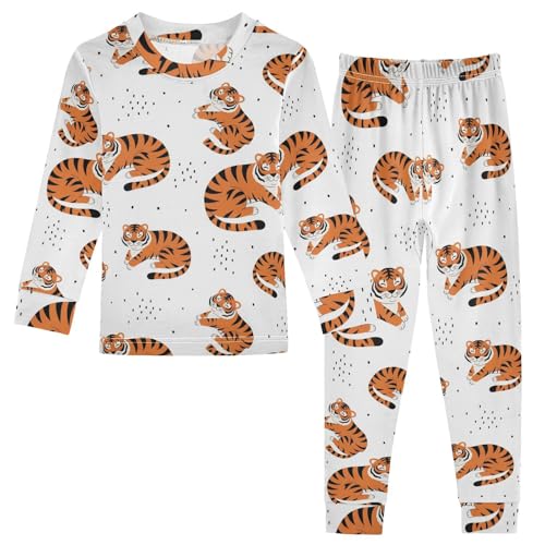 Pajama Sets Long Sleeve Cute Sleeping Tiger Pattern Soft Comfy Sleepwear 2 Piece PJS 3-8T