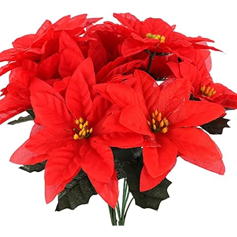 SJDWDX 3 Pack Artificial Poinsettia Bushes, 14.56inch Silk Red Poinsettia Long Stems Flower Christmas House Poinsettias Flower Bushes for Home Garden Christmas Decorations Cover