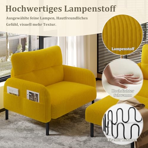 Cord 3er-Set Sessel + Hocker + 2-Sitzer Sofa mit Seitentasche Stahlrohrgestell & extraweiche Rückenlehne Tiefe Sitzfläche Modular kombinierbar für Wohnzimmer, Senfgelb – Bild 7
