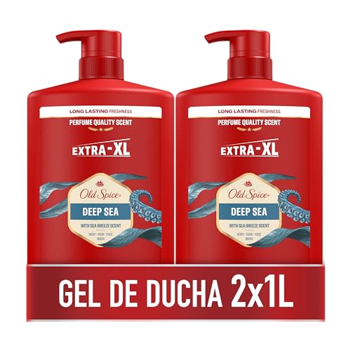 Old Spice Deep Sea Gel De Ducha Y Champú Para Hombres 2x1000ml, Gel Para Cara, Cuerpo Y Pelo 3 En 1 Multiusos, Frescura Duradera, Fragancia Excepcional, Limpieza Profunda