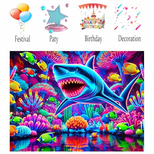 Image of Nuxovilar Neon Shark Wall Tapestry Polyester 78.74x59.05 In | Glow Poster Trippy Wall Art Sea Decor UV Backdrop Game Room Dorm Themed Space Area Room (Neon Shark Ocean Motif)