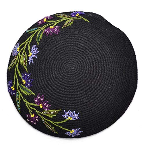 Purple & Black Embroidered Floral Crocheted Beaded Flower Womens Kippot - Dunitz Fair Trade