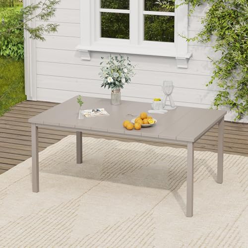 Image of VICLLAX Outdoor Table for 6, Metal Patio Dining Table with Umbrella Hole for Garden Lawn Deck Backyard, Sandshell Tabletop