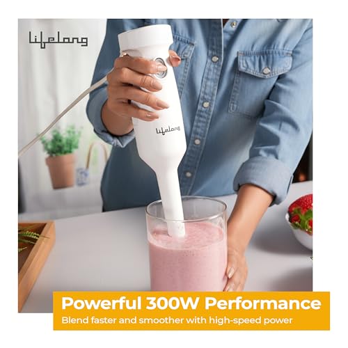 Image of Lifelong 300W Electric Hand Blender for Kitchen | Single Speed Control | Detachable Stainless Steel Blades | Silent Operation | Easy Click Fit Locking | Multipurpose Blender for Smoothies & Juices