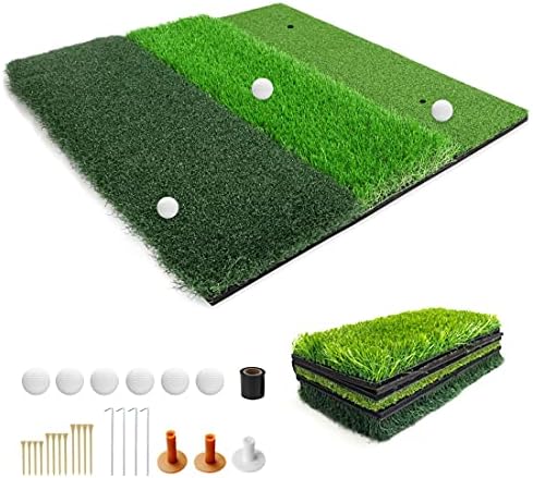 VANCL Golf Hitting Mat 3-in-1 Mat 25"x25" Upgraded Enlarged Golf Practice Mat, Foldable Turf Grass Mat, Includes Free Accessories 6 Practice Balls, Tees and Rubber Holder, Fixed Tape and Ground Nails