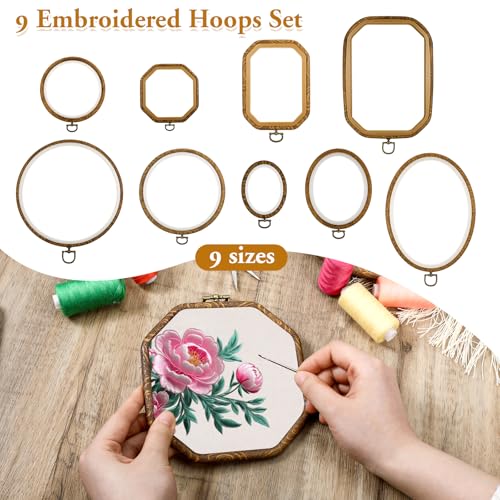 Image of simarro 9 Pcs Large Embroidery Hoop Embroidery Frame Set , 4 Shape Decorative Imitated Wood Cross Stitch Hoop for Art Craft Sewing Circle Oval Octagonal Embroidery Hoops