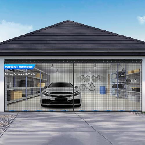 Sliding Garage Door Screen 16x8FT for 2 Car Garage Doors, Magnetic Garage Screen Door with Track Closure, Thicker 265g/㎡ Mesh, 16x8Ft Retractable Garage Door Screen(Patent has Been published)