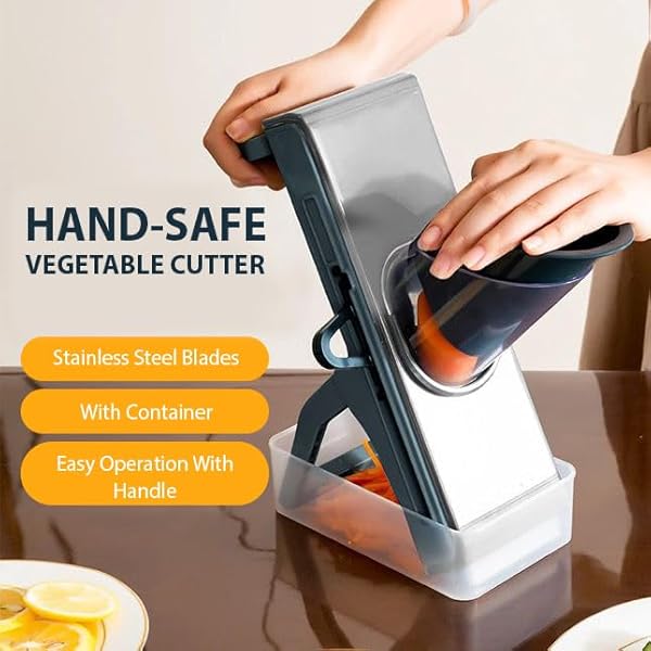 Mandoline Slicer for Kitchen, Adjustable Slicing Thickness, Snap-in Legs, Feeding Port,Food Container, Safe 4in1 multifunctional potato slicer and salad chopper for slices, strips & julienne