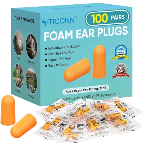 TICONN 100 Pairs Foam Ear Plugs, Individually Wrapped 32dB NRR Noise Reduction Earplugs for Sleeping...