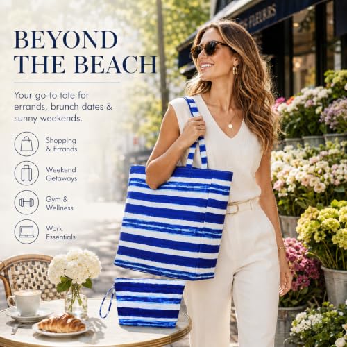 Image of LEDAOU Large Beach Bag Women Waterproof Sandproof Zipper Beach Tote Pool Bag for Swim Gym Grocery Travel with Wet Pocket