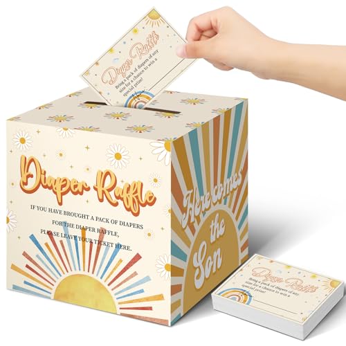 Teling 51 Pieces Diaper Raffle Tickets with Card Box Baby Shower Decorations Baby Shower Holder Box for Girl Boy Diaper Raffle Party(Here Comes the Son)
