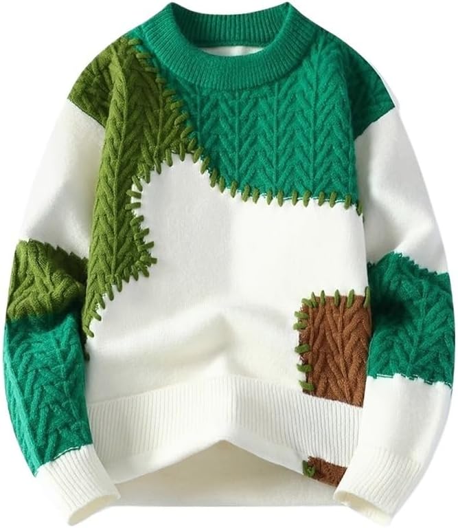 Men's Color Blocking Sweater Round Neck Casual Knitted Long Sleeved Loose