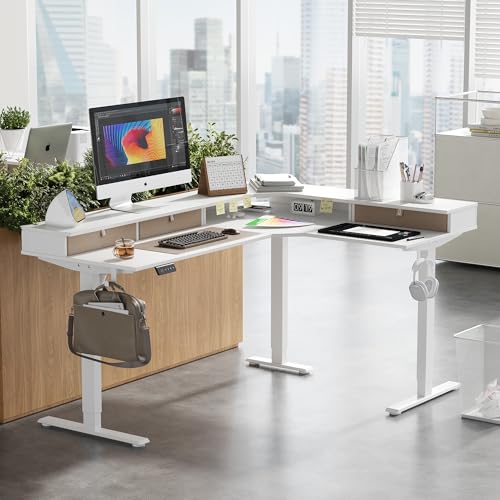 Image of CubiCubi L Shaped Standing Desk with Drawers 63 x 48 Inch Adjustable Height, Electric Corner Desk with Storage, Sit Stand Home Office Desk with Splice Board, White