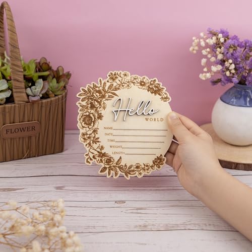Image of Baby Name Announcement Sign - Floral Wooden Hello World Plaque for Newborn Photo Prop