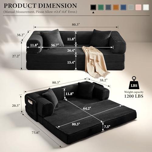 Image of Boneless Couch Futon Sofa Bed Sectional Couches for Living Room,Cloud Couch with Sleeper Sofa,Sofas for Living Room Oversized Corduroy Upholstered (Black, 81 Inches (with Iron Frame))