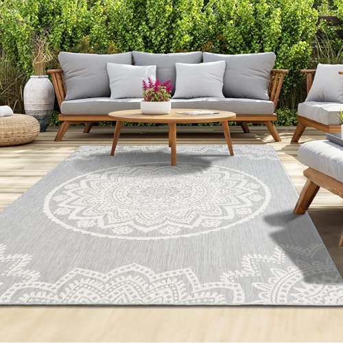 homeart Outdoor Rug - Easy-Clean, Durable, Stain-Resistant, Weather & UV Resistant Indoor & Outdoor Rugs for Porch, Deck, Balcony, Garden, Picnic and Patio | Mandala Grey, Cream - 120x170cm