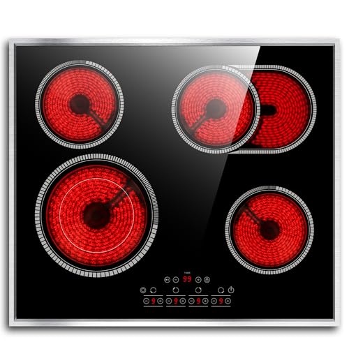 24 Inch Electric Cooktop 4 Burners, Pladeca 6600W Electric Stove Touch Control, 220-240V Built-in Radiant Stove Top with Safety Lock, Timer, Pause Control, Extended Zone, Hard Wire(No Plug)